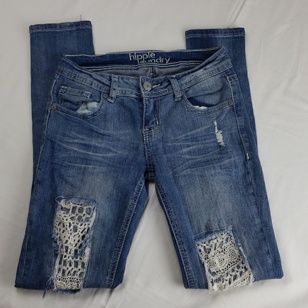 Hippie Laundry White Lace Distressed Blue Jeans